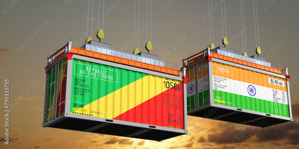 Shipping containers with flags of Congo and India - 3D illustration Shipping containers with flags of Congo and India - 3D illustration