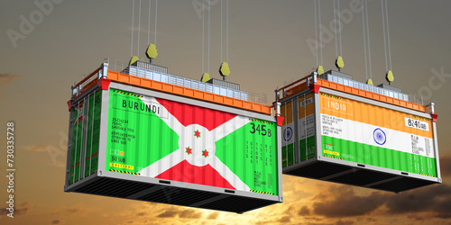 Shipping containers with flags of Burundi and India - 3D illustration