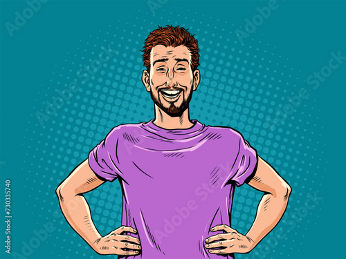 Pop Art Retro The guy in the purple T-shirt laughs heartily. Enjoy life and its surprises. Rejoice at the successes of the past year.