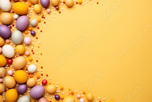 Mustard background with colorful easter eggs round frame