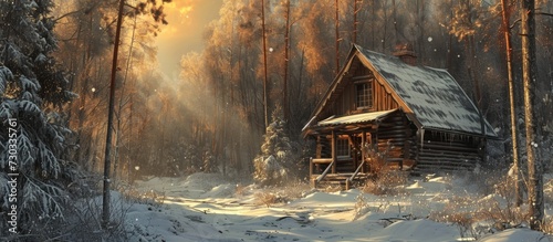 Winter cabin in a forest made of wood. photo