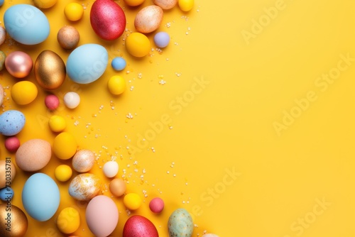 Mustard background with colorful easter eggs round frame