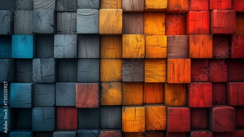 Abstract Wall of Multicolored Wooden Cubes
