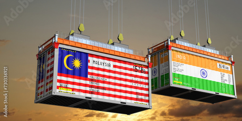 Shipping containers with flags of Malaysia and India - 3D illustration
