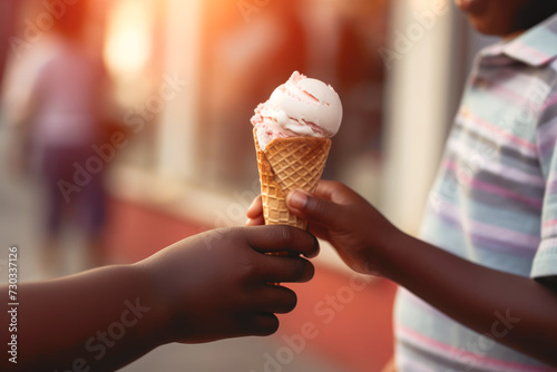 closeup kid's hands sharing a scoop of ice cream in a waffle cone, against a soft focus background filled with the lights of a summer fair