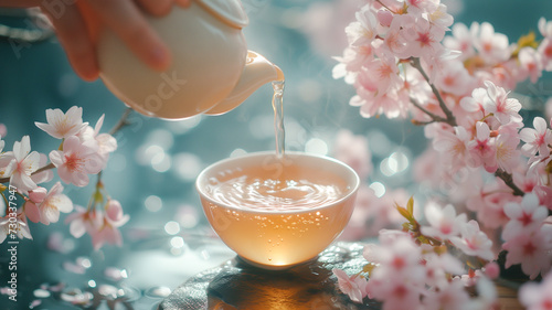 tea is poured into a mug sakura around