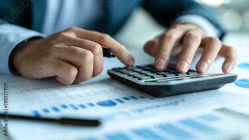 economist financier who calculates financial reports on a calculator photo