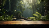 Tranquil rainforest floor, sunlight filters through old fern covered trees generated by AI