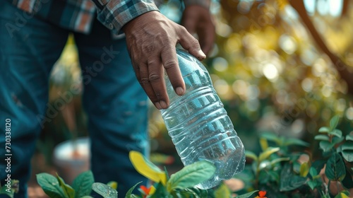 Eco-conscious living: Man's hand throws an empty plastic bottle into a recycling bin, close-up focus