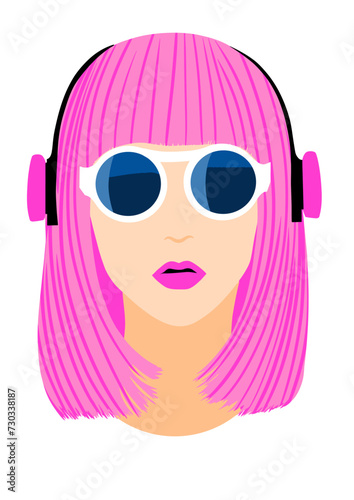 Girl with headphones and pink hair flat illustration on transparent background