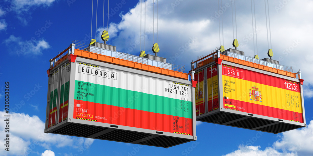 Shipping containers with flags of Bulgaria and Spain - 3D illustration
