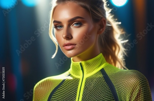 acril painting of flawless model, girl, mesh on her face and clothes, bold energy, volumetric light, rays, bright color reflections, beauty, photo