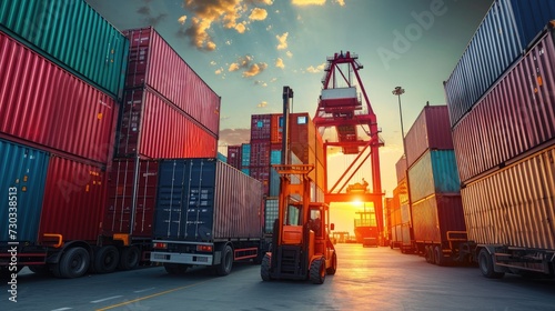 Photo Freight logistics: Forklift handling container box, loading stacker at docks for