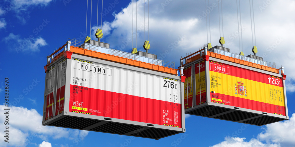 Shipping containers with flags of Poland and Spain - 3D illustration