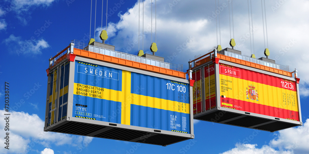 Shipping containers with flags of Sweden and Spain - 3D illustration