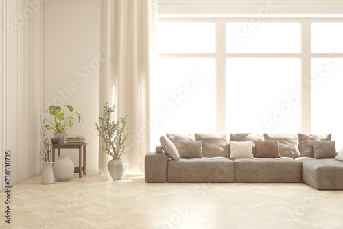 Fototapeta Naklejka Na Ścianę i Meble -  White scandinavian interior design with sofa. 3D illustration