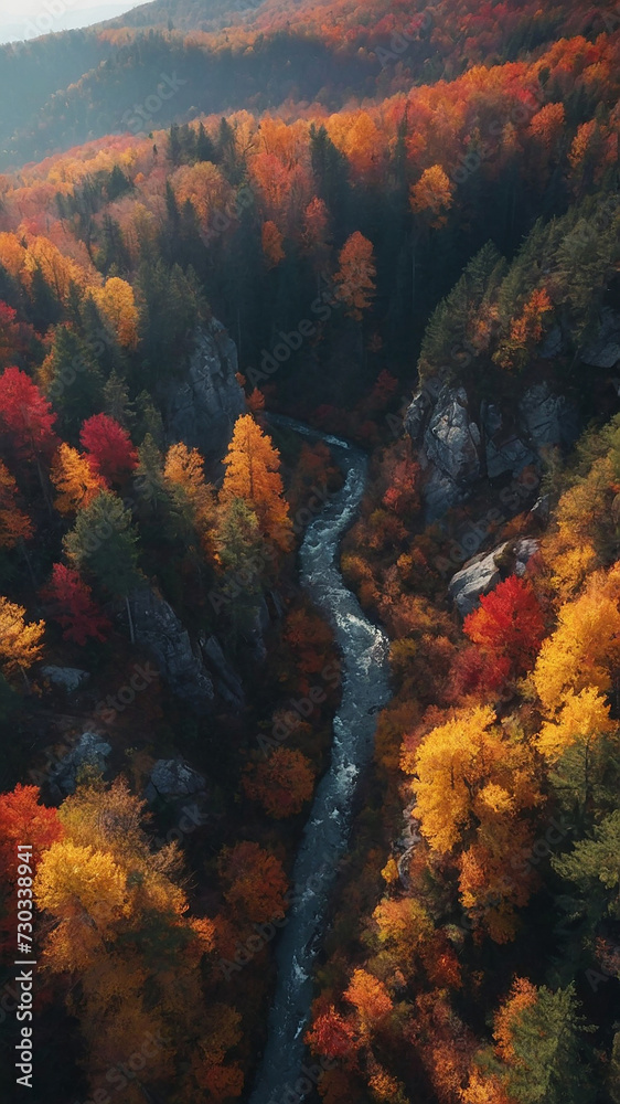 A Forest top view with roads and colorful trees,AI photo.