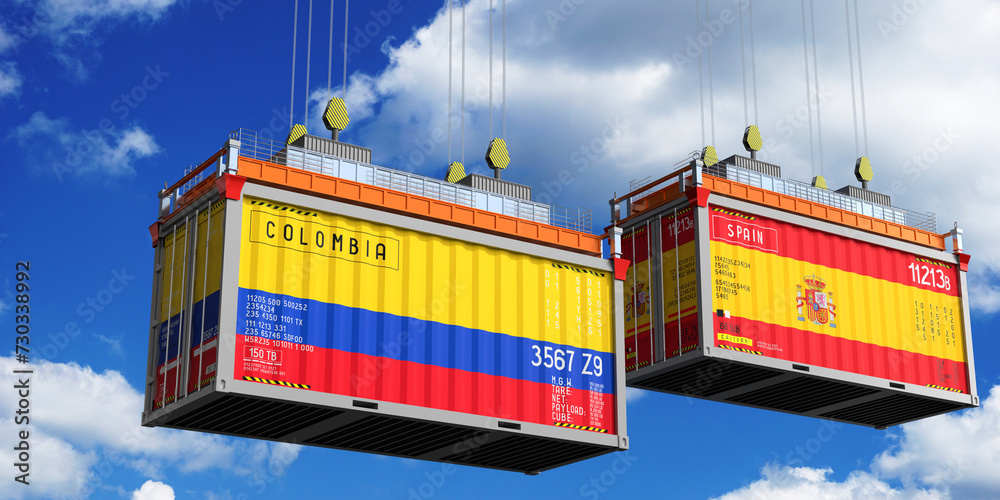 Shipping containers with flags of Colombia and Spain - 3D illustration