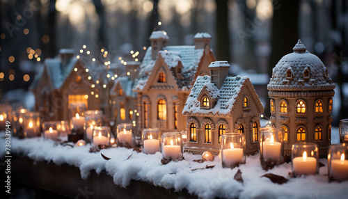 Winter night, candle flame illuminates Christmas tree, snowflakes falling generated by AI