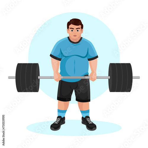 Illustration of an overweight guy working out in the gym. Fitness guy. Excess weight. Losing weight. Sport exercises.