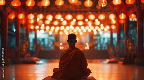 Monk meditating under hanging lanterns: Vesak, Wesak Buddha Day Celebration 