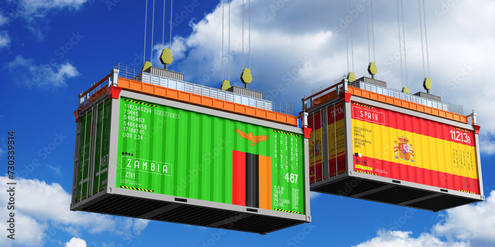 Shipping containers with flags of Zambia and Spain - 3D illustration