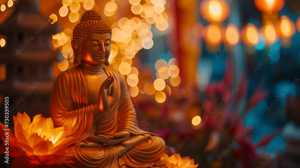 Buddha statue surrounded by lit candles: Vesak, Wesak Buddha Day Celebration 