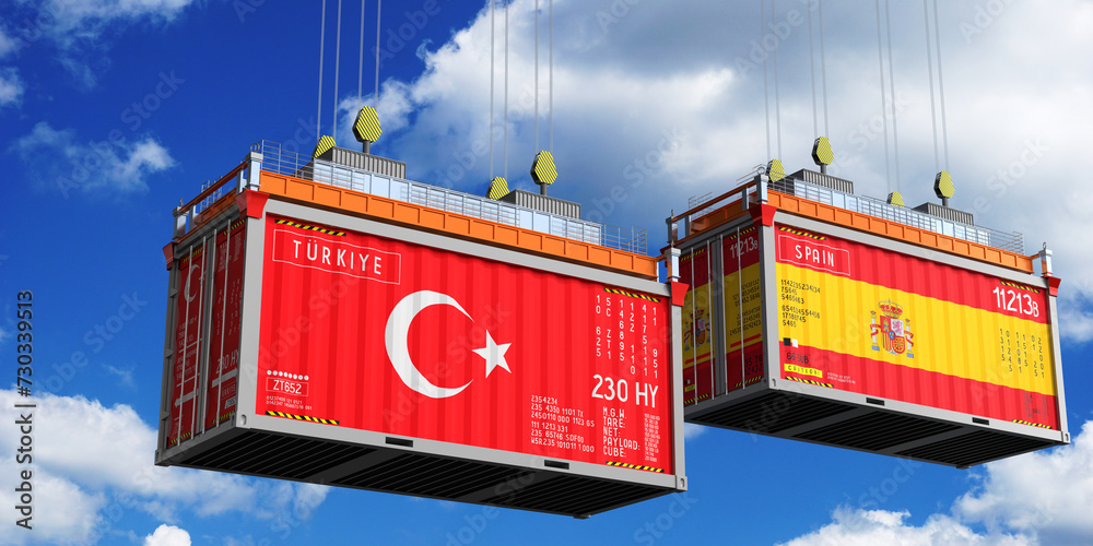 Shipping containers with flags of Turkiye and Spain - 3D illustration