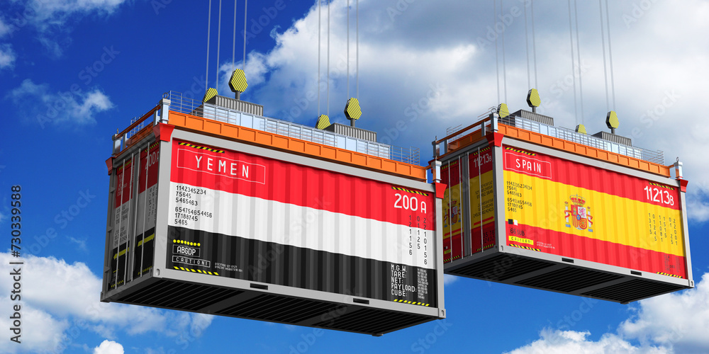 Shipping containers with flags of Yemen and Spain - 3D illustration