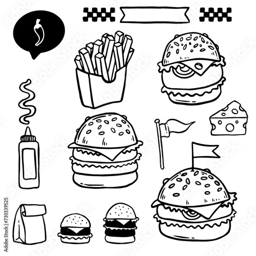 Set of logo, labels and stamp for hamburger, burger. Simple and minimal design.