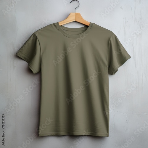 Olive t shirt is seen against a gray wall