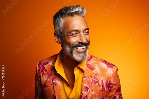 Portrait of a happy senior man with a beard on a orange background.