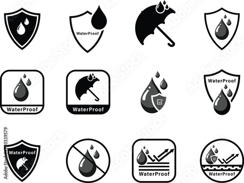 Waterproof icons. Water Proof. Collection of water-resistant signs. Water protection, liquid proof protection. Shield with water drop. Anti-wetting material, hydrophobic fabric, surface protection