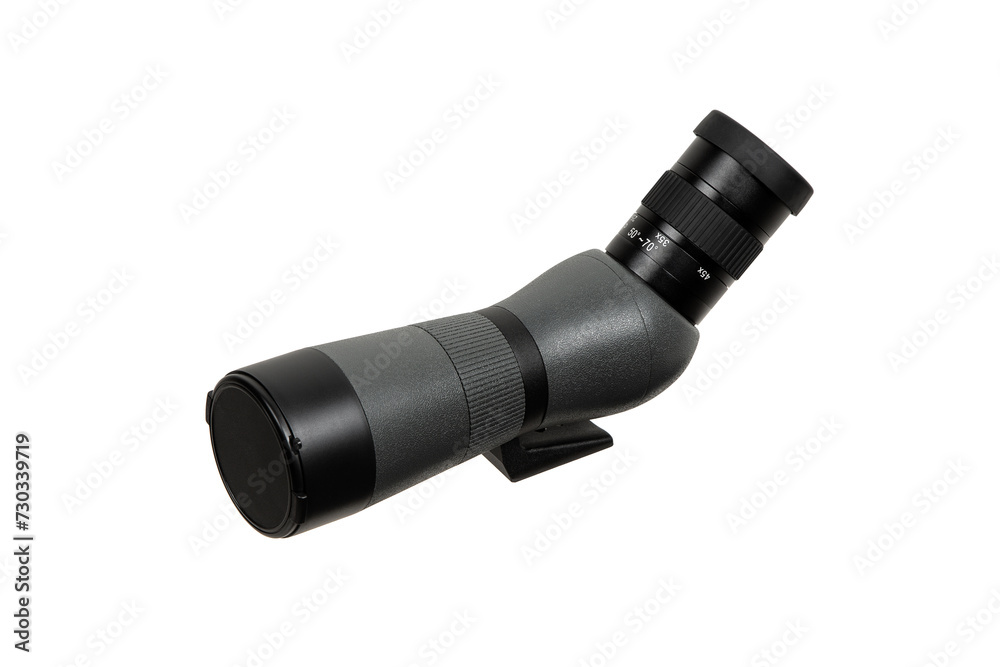Modern spyglass. Long-range observation device. Monocular isolate on a white back Modern spyglass. Long-range observation device. Monocular isolate on a white back