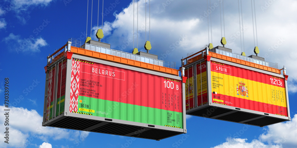 Shipping containers with flags of Belarus and Spain - 3D illustration
