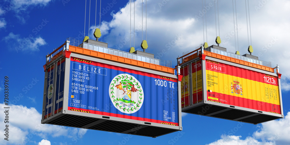 Shipping containers with flags of Belize and Spain - 3D illustration