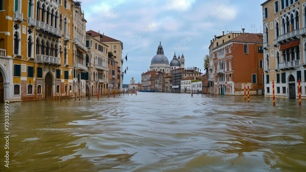 Cities near oceans, submerged in water as rising sea levels flood the historic city due to climate change