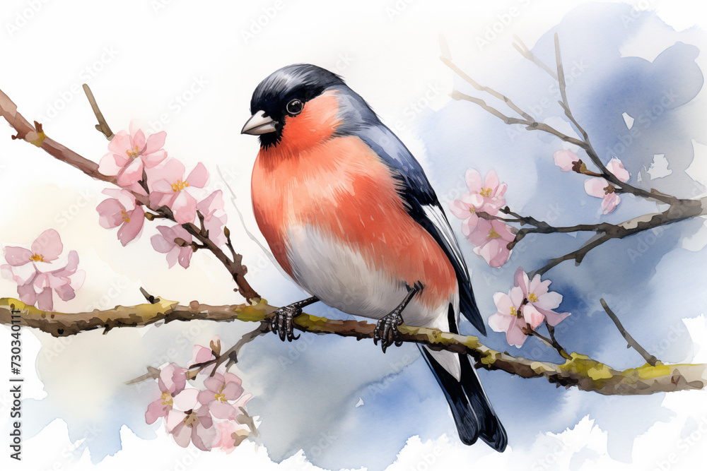 Eurasian Bullfinch bird illustration. Highly detailed image of forest and garden avian. Beautiful and colorful ornithology background. Eurasian Bullfinch bird illustration. Highly detailed image of forest and garden avian. Beautiful and colorful ornithology background.