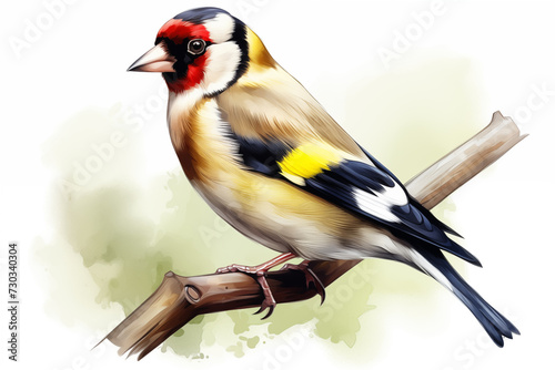 European goldfinch Bird illustration. Highly detailed image of forest and garden avian. Beautiful and colorful ornithology background. © thomas-art