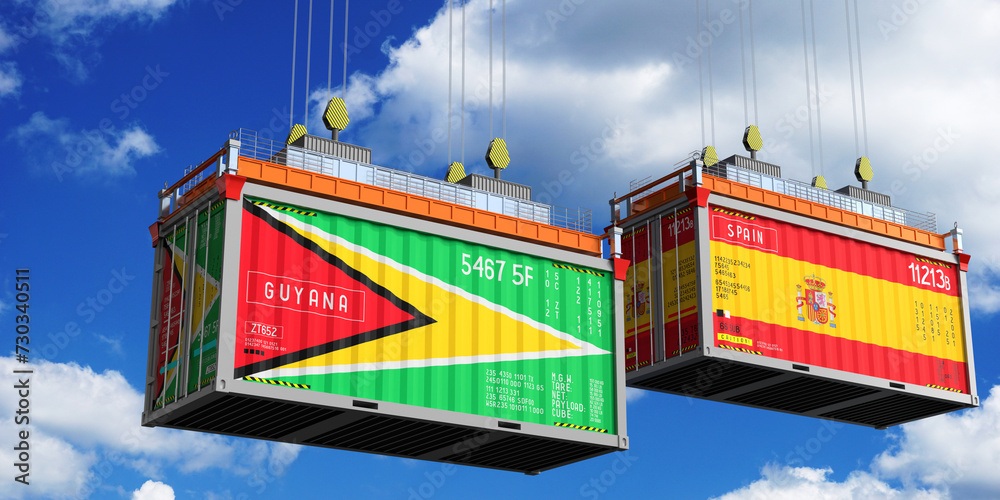 Shipping containers with flags of Guyana and Spain - 3D illustration