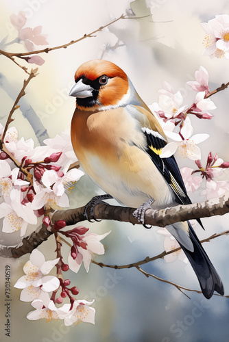 Hawfinch Bird illustration. Highly detailed image of forest and garden avian. Beautiful and colorful ornithology background.