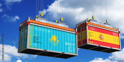 Fototapeta Naklejka Na Ścianę i Meble -  Shipping containers with flags of Kazakhstan and Spain - 3D illustration
