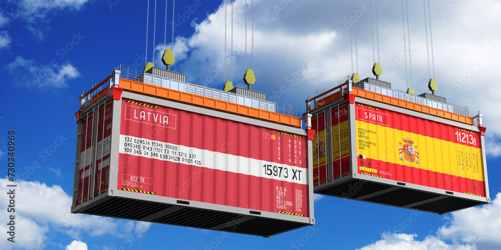 Shipping containers with flags of Latvia and Spain - 3D illustration