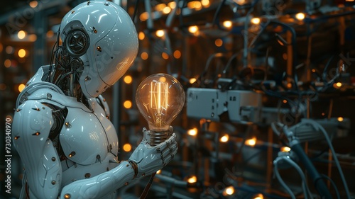 Mensch in Cyborg Anzug hält Glühbirne in der Hand, ai generativ photo