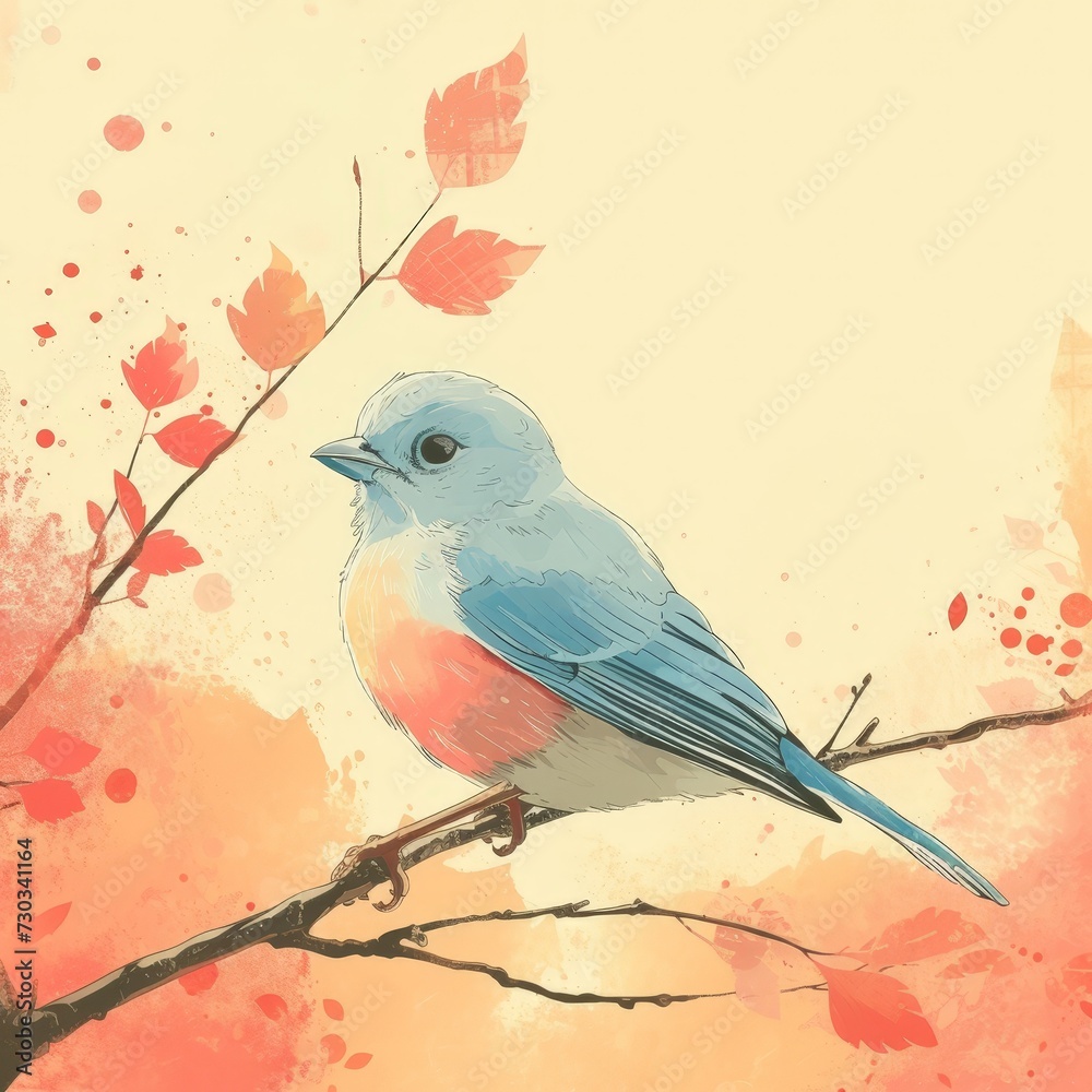 Bluebird on a branch with autumn leaves. Watercolor painting