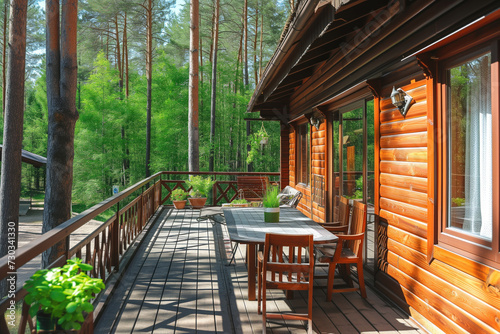 Depth of field stylish summer exterior concept with brown wooden cabin house in the forest. Generative AI