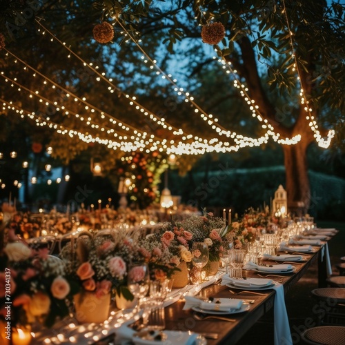 Wedding Banquet table setting with flowers  candles and lights