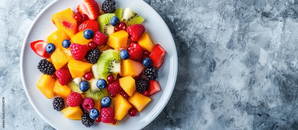 Top view of a white plate with a sweet fruit and berry salad on a marble background, copy space available.