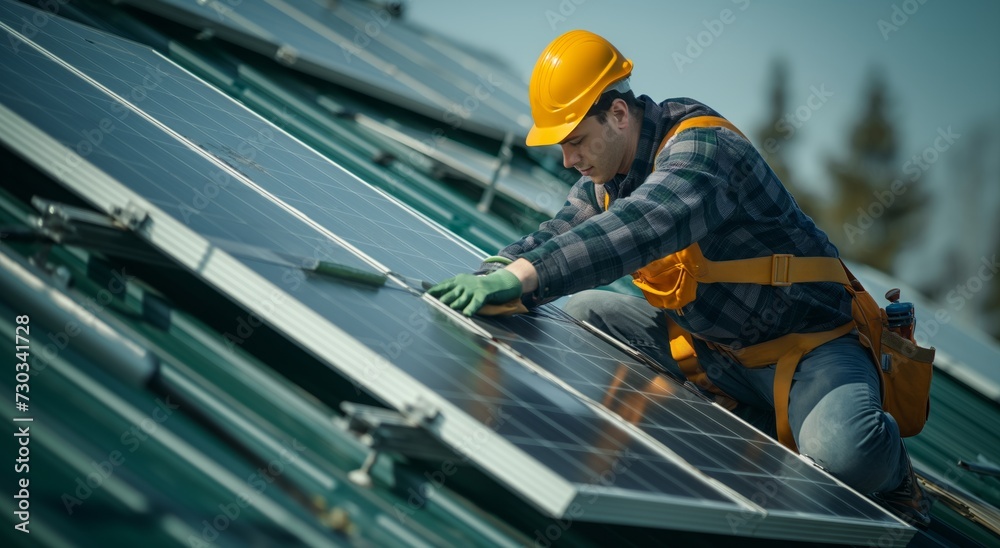 Construction Worker Installing Solar Panels on Building Roof
Construction Worker Installing Solar Panels on Building Roof