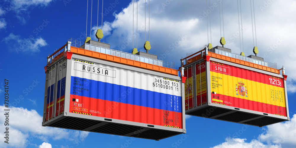 Shipping containers with flags of Russia and Spain - 3D illustration